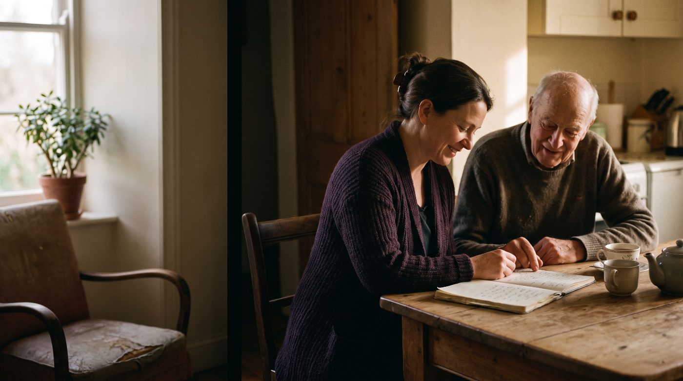 A physician and an older man at his kitchen table, reviewing notes together.